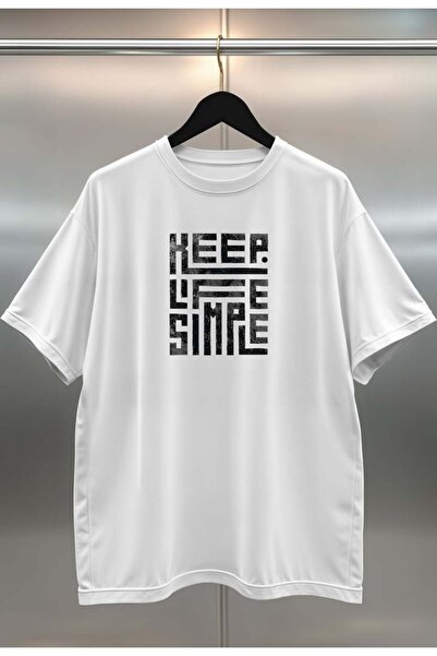 buzagi Keep Simple Digital Print Oversize White Unisex T-Shirt