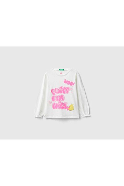 United Colors of Benetton تي شيرت بناتي بأكمام طويلة مع طباعة