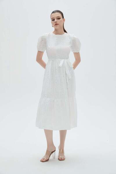 mica Solid Midi Dress with Half Sleeves and Waist Tie