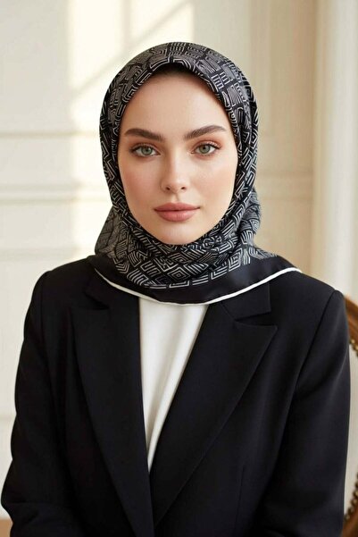 Vissona 100% Twill İpek Etnik Motif Desenli Siyah - Krem Renkli 90x90 Dikim Ş...