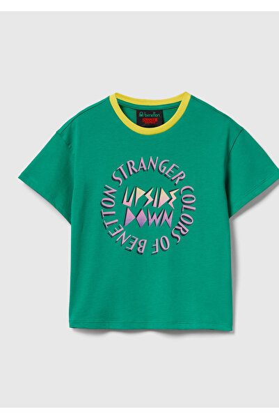 United Colors of Benetton تي شيرت بناتي أخضر اللون مصنوع من القطن بنسبة 100% ...