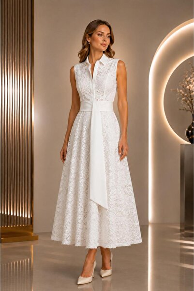 SERAVENZA COUTURE فستان ميدي بطول متوسط مع صفائح أمامية مخفية وغطاء دانتيل أن...