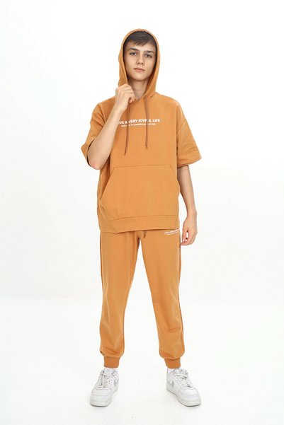 HayKids Boy's Short Sleeve Hooded Collar Printed Tracksuit Set