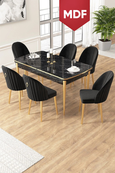 Canisa Edaf Serisi 80x132 MDF Açılabilir Siyah Mermer Desen Mutfak Masa Takım...