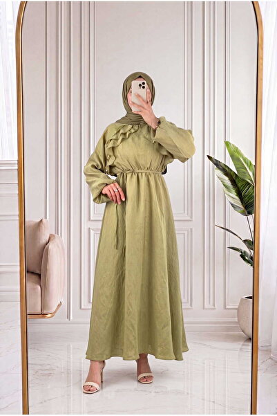 MİHRA STORE Dilgenur Shoulder Ruffle Chiffon Dress-Bn4635 Oil Green