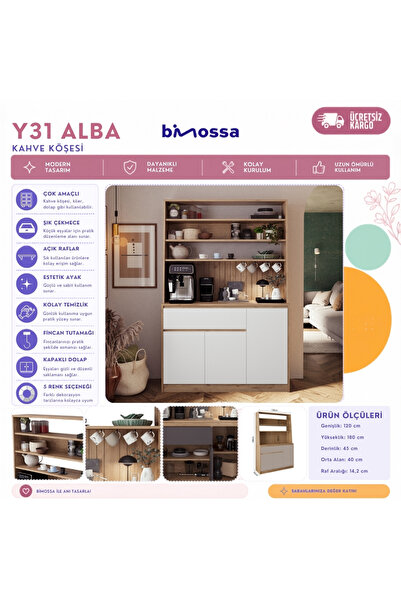 Bimossa Y3120 ALBA 120 cm Sepet-Kumtaşı Kasalı Kahve Köşesi Çok Amaçlı Kapaklı Raflı Mutfak ve Kiler Dolabı