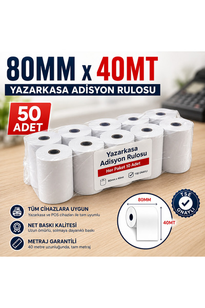 KHR 80X40 MT Termal Pos Rulosu (50 Adet) - Yüksek Kaliteli Adisyon Fişi