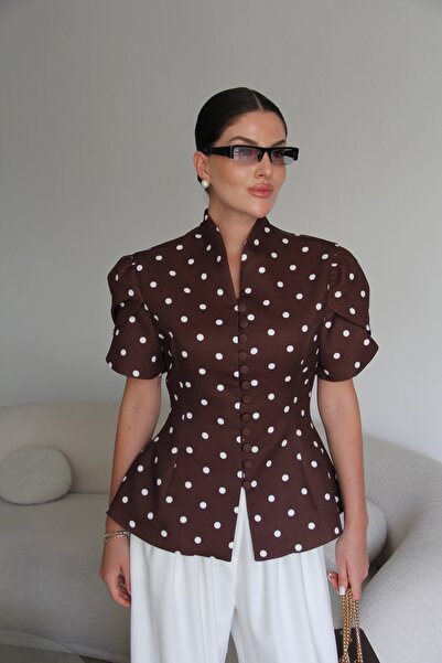 Julidress Premium Suit with Coffee Button Detail Polka Dot Jacket and White T...