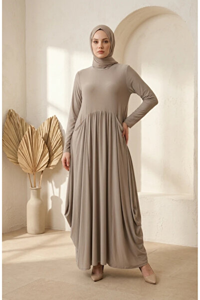 sefamerve Sandy Fabric Pocket Hijab Dress 5656-02 Mink