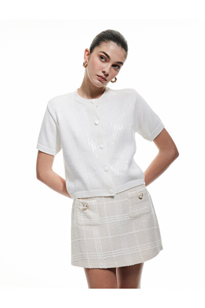 Koton Short Sleeve Crew Neck Button Sequined Knitwear Cardigan