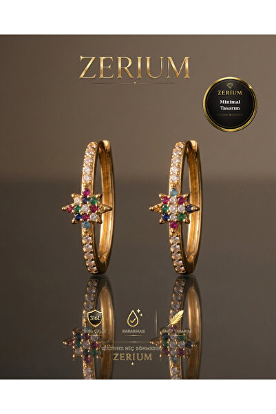 ZERİUM Women's Gold Steel Earrings with Colorful Stones and Polar Star Figure...