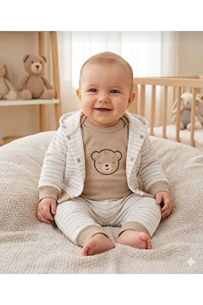 DEFNE LİNA BABY طقم هودي مخطط بتصميم دب من ENIABABY مكون من 3 قطع