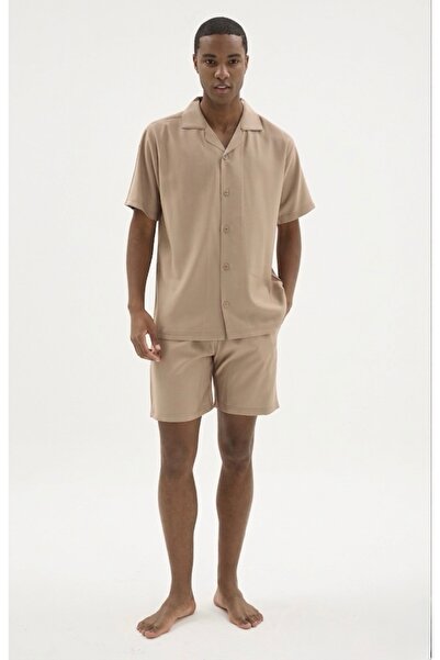 KLY PİJAMA Kly 26206 Men's Beige Buttoned Woven Shirt and Shorts Set