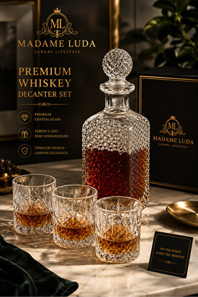 MADAME LUDA Kristal 7 Parça Viski Takımı Seti.1.25 ML.Karaf Şişe-340 Ml.6 Ade...