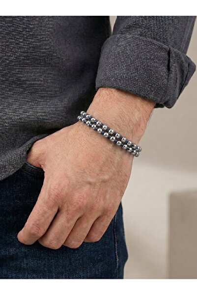Parmas Design Double Strip Silver and Blue Color Hematite Steel Men's Premium...