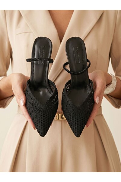 Beyond Women's Black Knitwear Strappy Pointed Toe Evening Dress Shoes 8.5cm B...