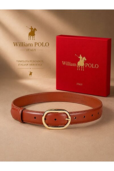 WilliamPolo Curea de damă din piele naturală asiatică, cu cataramă aurie, maro