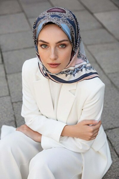 Vissona %100 Twill Türk Motifi  Desenli Pudra - Bebe Mavisi Renkli 90x90 Eşar...
