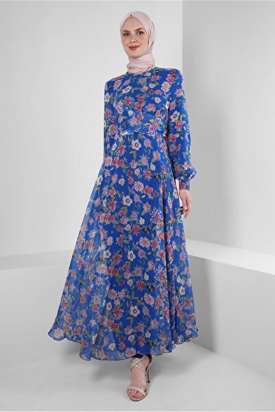 TRENDTESETTÜR KADIN LACİVERT (SAKS) DESENLİ TESETTÜR ELBİSE T 42893