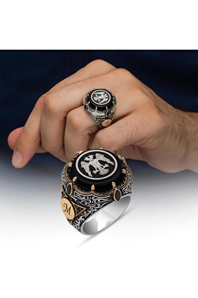 ALYANSEVİM Selçuklu Çift Başlı Kartal Yuvarlak Harfli 925 Gümüş Erkek Yüzük