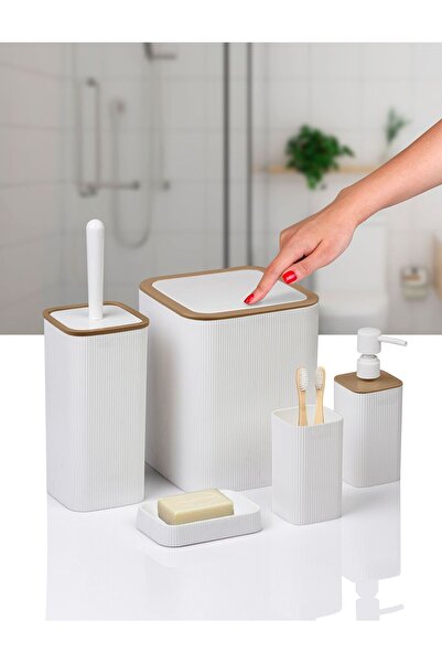 Okyanus Home Mina Due Beyaz Çizgili Kare 5'li Banyo Seti