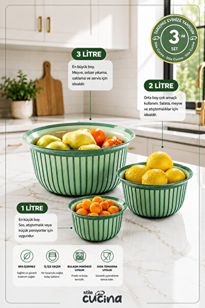 Stile Cucina طقم بولات دائرية اقتصادية لينيا 3 قطع أخضر 3X (1 لتر - 2 لتر - 3...