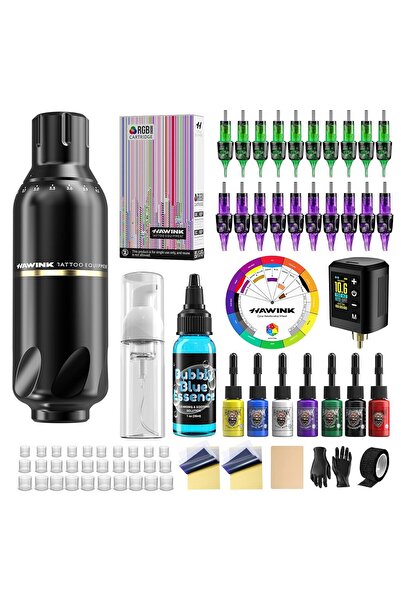 HAWINK Aparat de tatuat Wireless 1600mAh, kit complet profesional cu 20 ace, ...