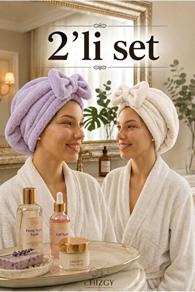 CHIZGY 2 Adet Mikrofiber Saç Havlusu Bonesi Lastikli Fiyonklu