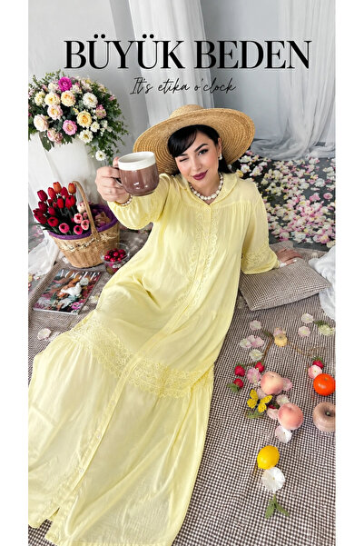 AZRA BUTİK Lavinya Patterned Guipure Dress Yellow