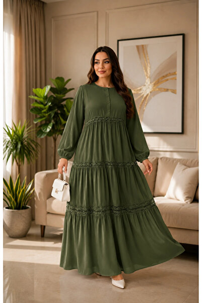 AZRA BUTİK Magnolia Pattern Lace Detailed Dress Khaki