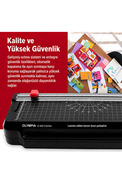 Olympia 4 ü 1 Arada A245 Combo Laminasyon Makinesi ,Giyotin Makinesi ,Köşe Kesme Aparatı,15 Adet PVC Film