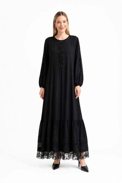 Lissmore Viscose Dress with Front and Sleeve Beading Embroidery and Side Pockets