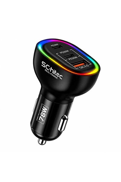schitec 78W 3 Portlu Araç Şarj Aleti Çift Type-C PD 30W + USB QC 3.0 Hızlı Şa...