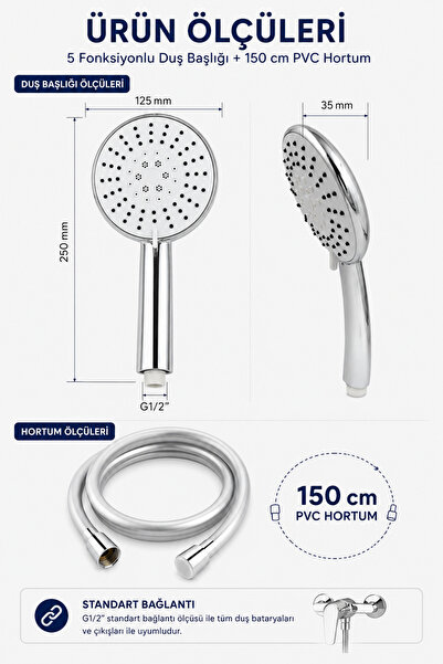 Plodna House 5 Fonksiyonlu Büyük Boy Duş Başlığı & Pvc Süper sağlam 150 cm Hortum Duş Seti