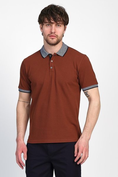 ENQUE Men's Basic Solid Short Sleeve Brown Long Polo Neck T-Shirt