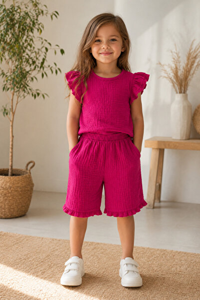 Yalçınoğlu Kids Set de pantaloni scurți de vară cu mâneci cu volane premium p...