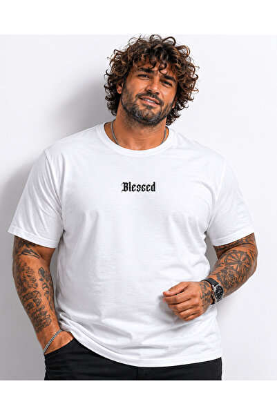 Starbattal Men's Large Size Crew Neck T-Shirt Blessed 26147 White