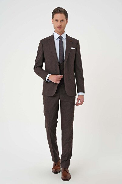 Efor Slim Fit Çift Yırtmaç Keten Yelekli Klasik Kahverengi Takım Elbise Tk 914