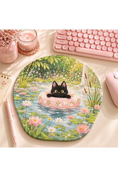 matizya Sevimli Kedi Tasarımlı, Ergonomik Yuvarlak Mousepad - Kişiye Özel Bil...