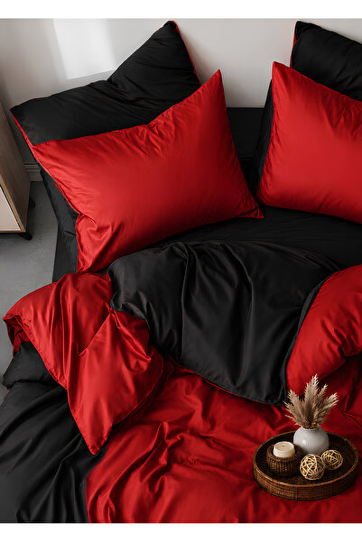 remtex 100% Cotton Satin Double-Sided Design Red Black Double Duvet Cover Set