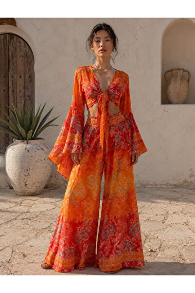 laviyonsa Authentic Ethnic Patterned Bolero & Pants Orange Set 36-42 Std