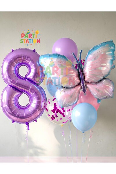 Parti Station Mavi Pembe  Kelebek 8 Yaş Mor Rakam Balon Set Kelebek Konsept D...