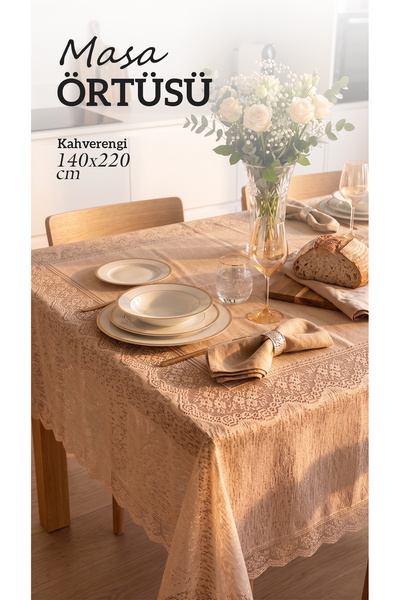 LENDASHOP Natural Tablecloth with Lace Edges, Stain-Resistant, Wipeable, Styl...