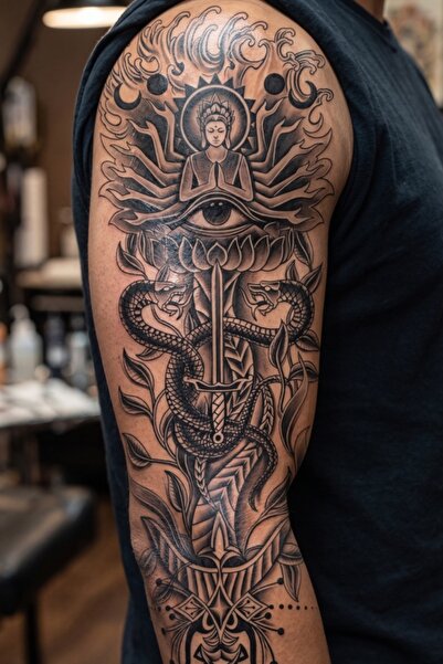 BP Tattoo Kol Dövmesi Tek Göz Desenli Mistik Kol Kaplama Tattoo