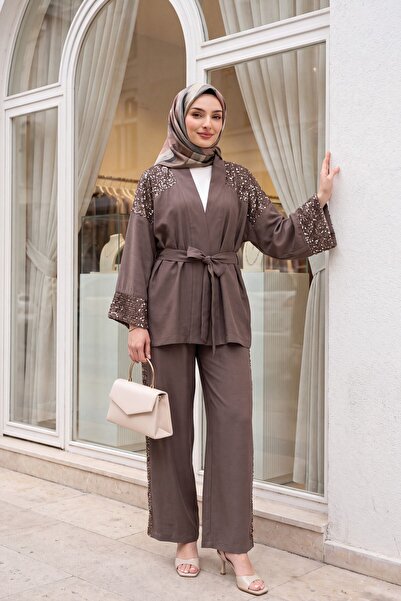 Modamorfo Linen Look Kimono Set with Shoulder and Sleeve Sequins and Belted T...