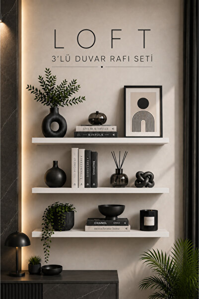 Atlanta Home Loft 3'lü Duvar Rafı Seti 50x15 cm Beyaz Dekoratif Uçan Raf Kita...