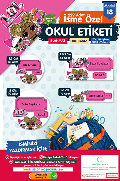 t tuğset etiket Okul Etiketi Lol Bebek Kalem Defter Etiketi Özel İsim Yazılab...