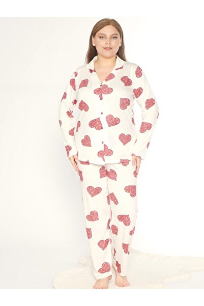 Alperi Boydan Buttoned Oversize Heart Pattern Long Sleeve Pajama Set Seasonal...