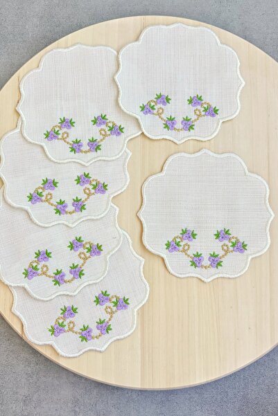 Mora Tekstil Flower Embroidered Coffee Coaster, Presentation Napkin, Coffee G...