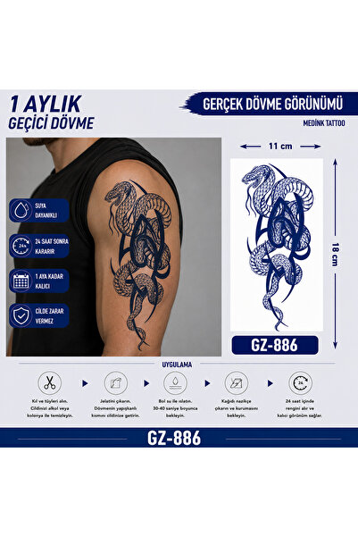 medink tattoo 1 Ay Kalıcı Sonradan Kararan 11X 18 cm Yılan model geçici dövme...